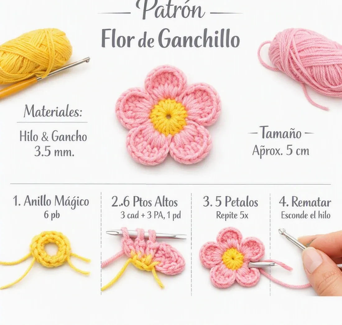 Patrón Gratis de Flor de Ganchillo: Fácil y en 4 Pasos