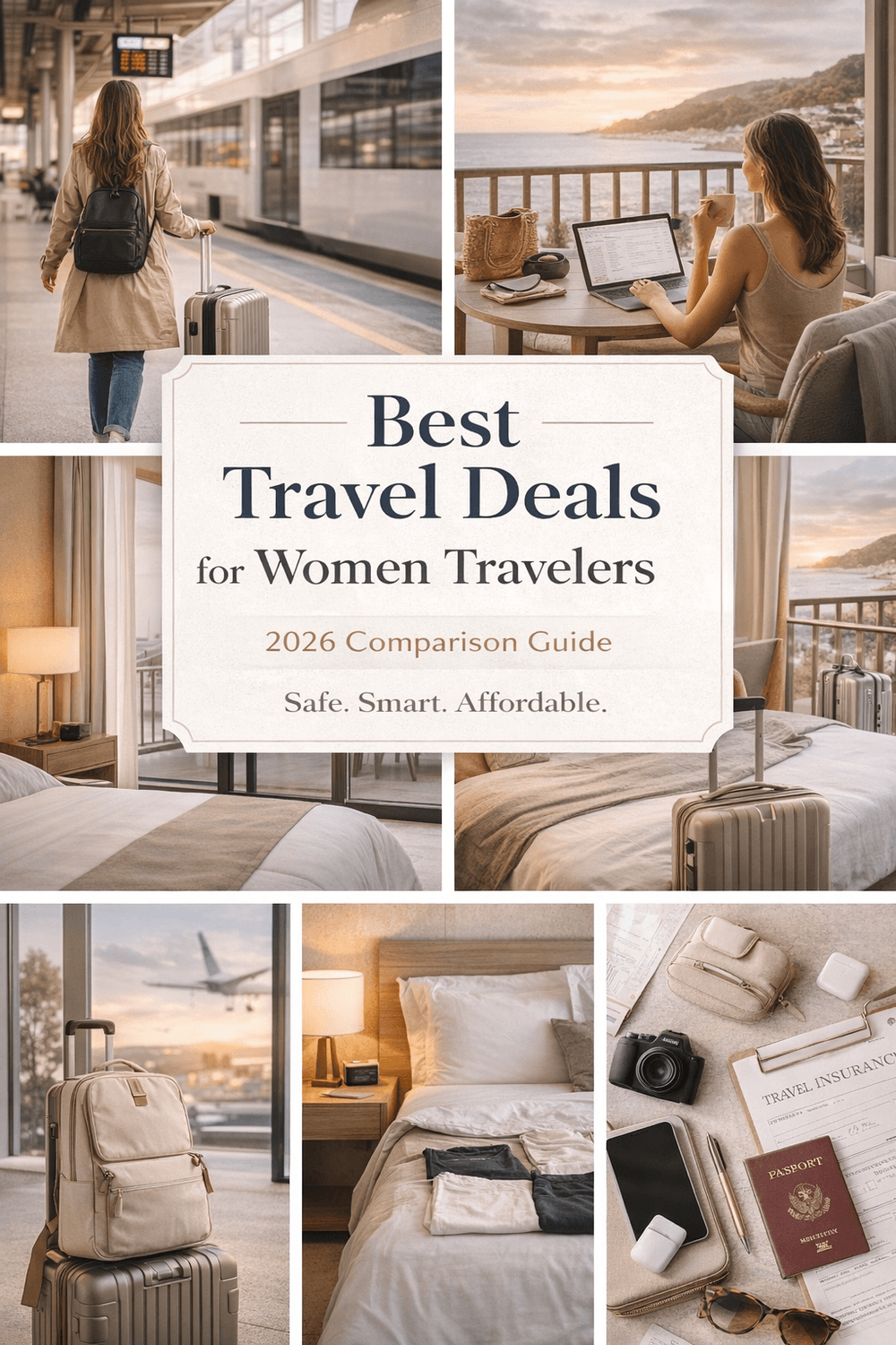 Affordable and safe travel deals for women travelers in 2026 including hotel comparisons, flight savings, and travel insurance options for solo female travel.