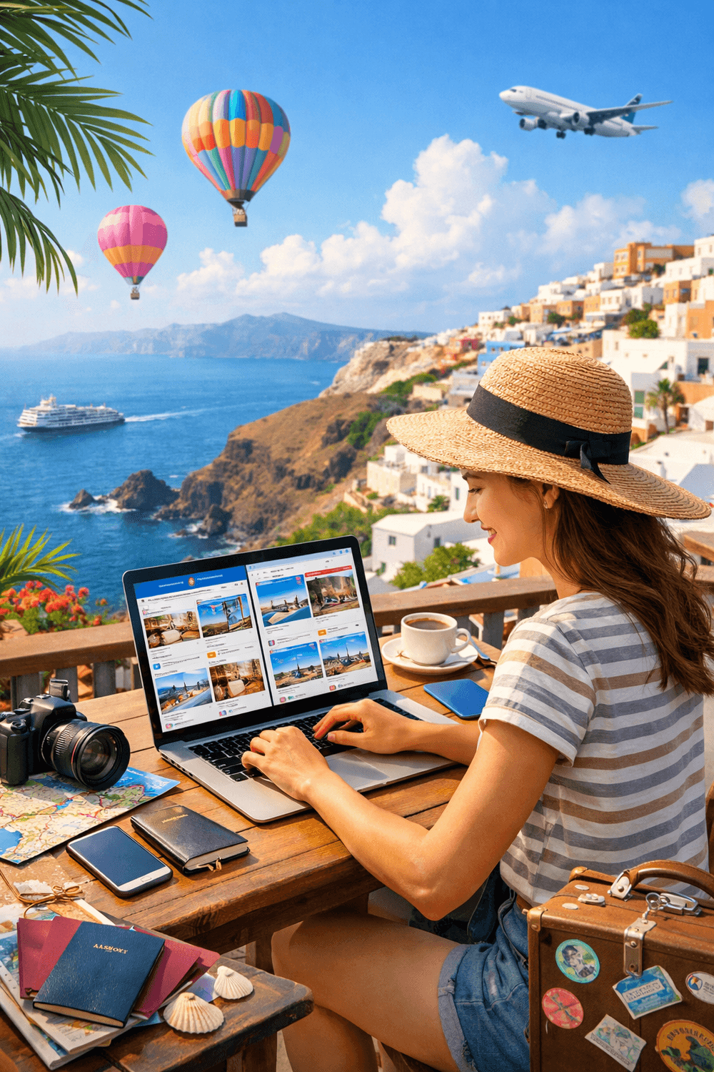 Young woman traveler using a laptop and smartphone to compare travel deals, surrounded by travel icons and luggage, for budget-conscious women travelers in 2026