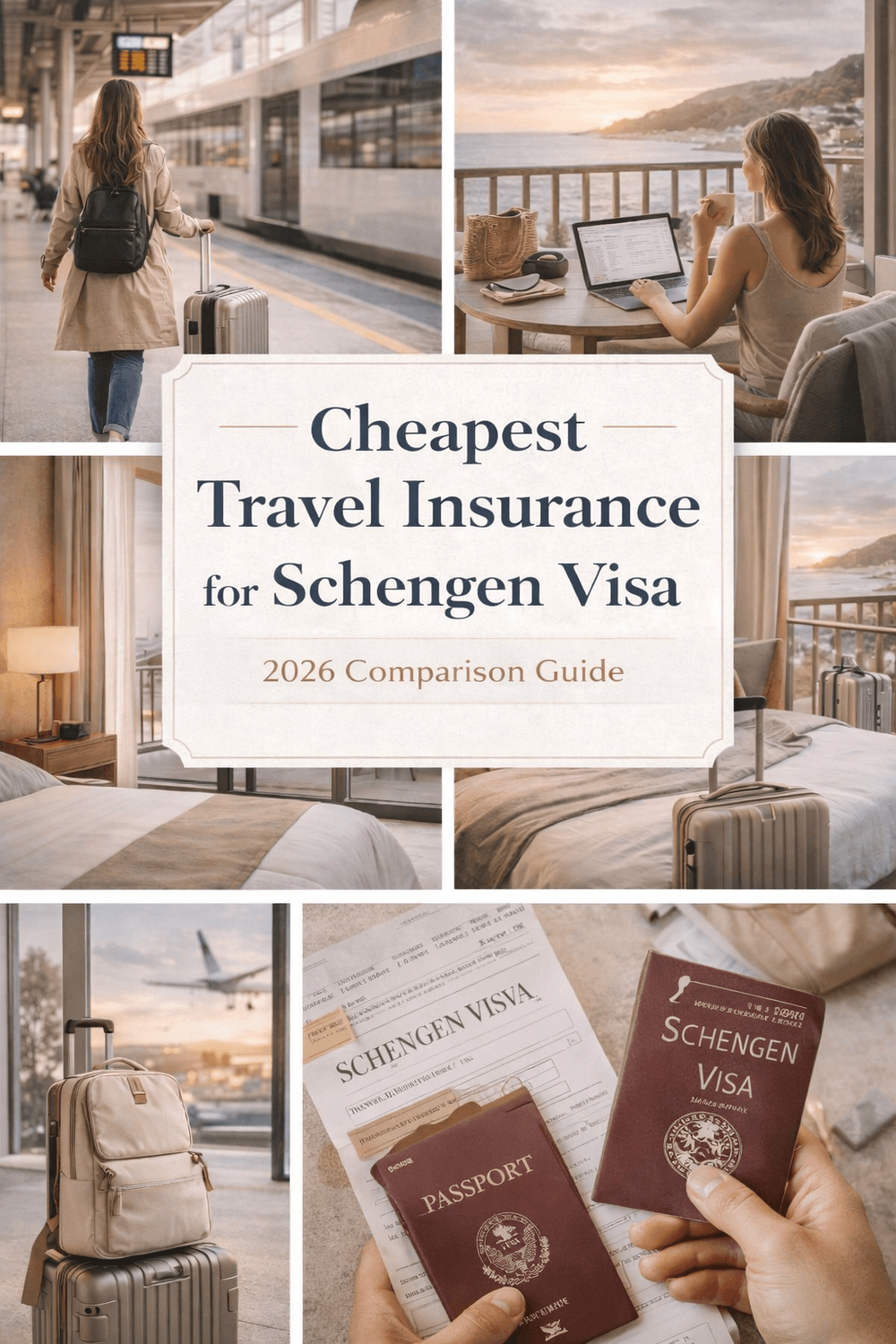 Collage showing travel essentials, European landmarks, passports, and luggage for budget-conscious travelers planning Schengen Visa trips in 2026.