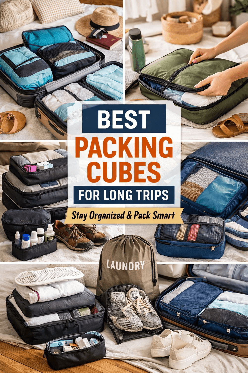 Best packing cubes for long trips shown in a 4-image grid layout with organized suitcase, compression packing cubes, shoe bag, and laundry pouch in a realistic travel lifestyle setting.