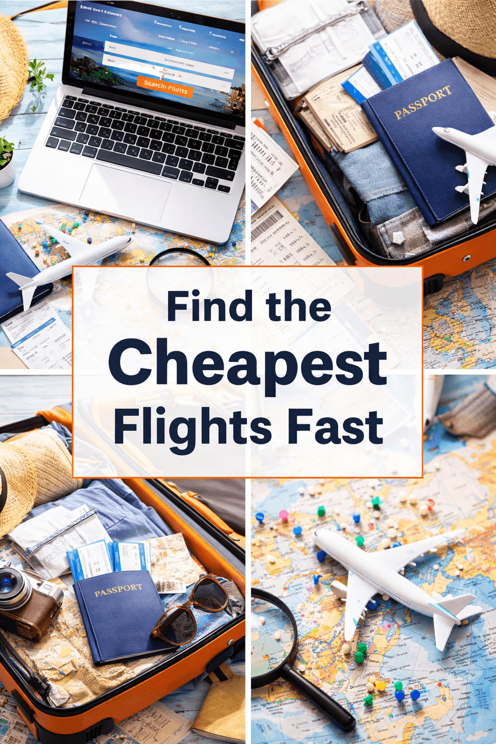 4-image travel grid showing laptop with flight search, passport and tickets, packed suitcase, and toy airplane on a map for budget flight planning