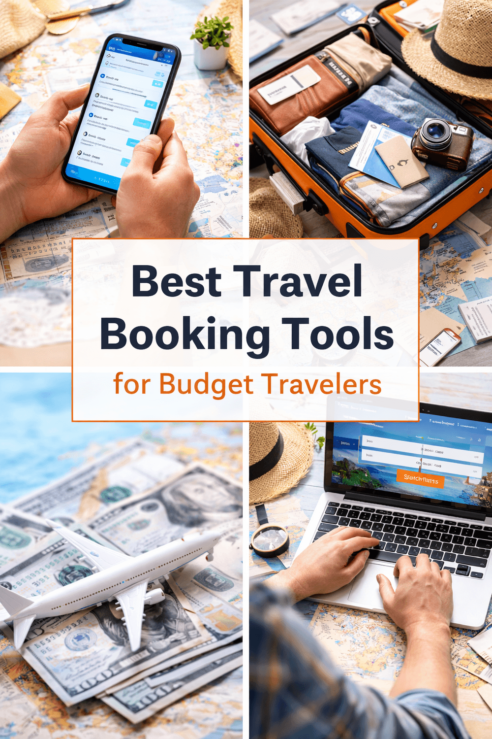 4-image Pinterest grid featuring flight booking search on laptop, hotel reservation app on smartphone, travel price comparison website, and budget traveler planning trip with notebook – best travel booking tools for budget travelers