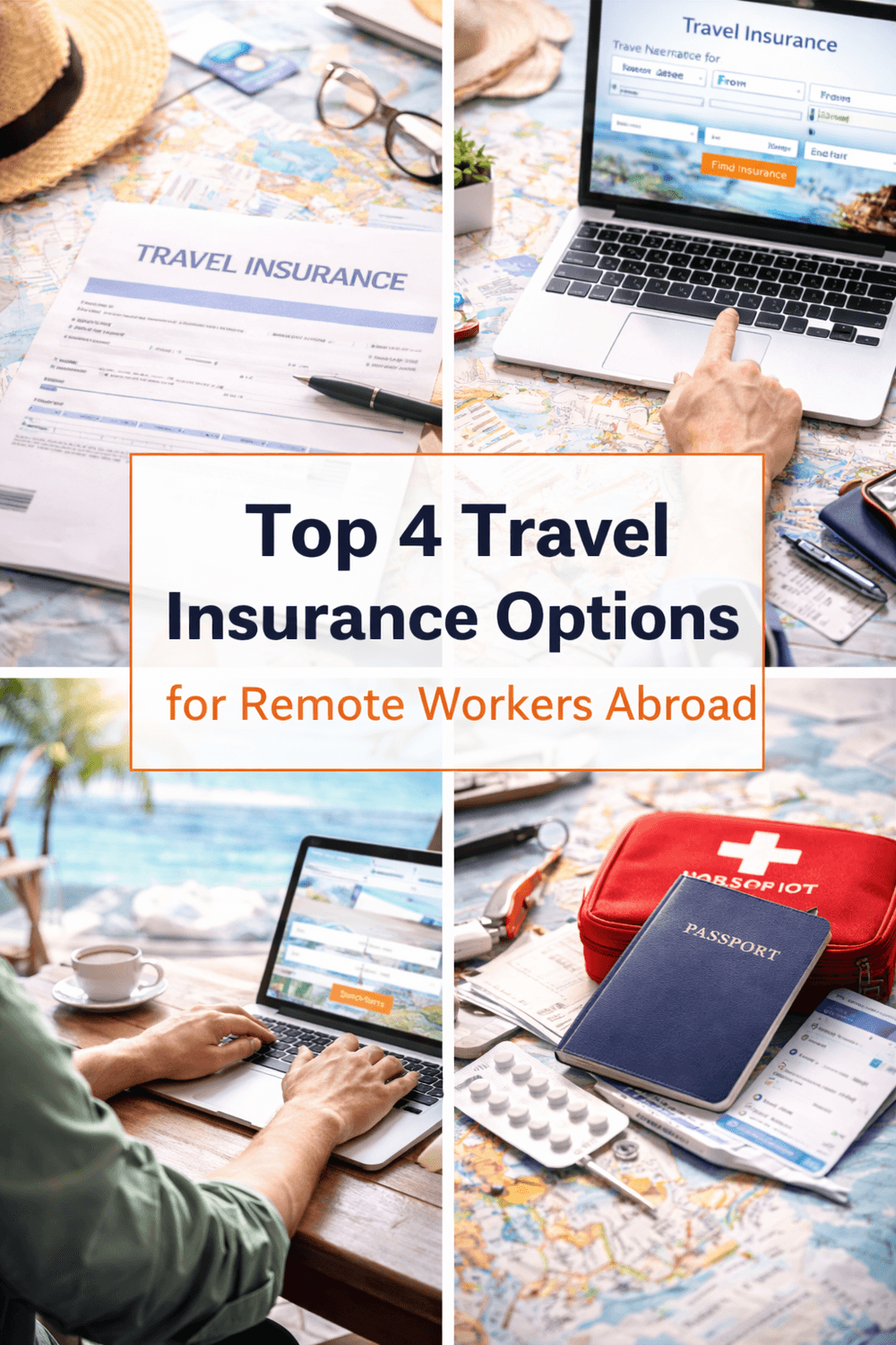 4-image Pinterest grid showing travel insurance policy, laptop with insurance website, remote worker abroad with travel essentials, and emergency kit for budget-conscious travelers abroad