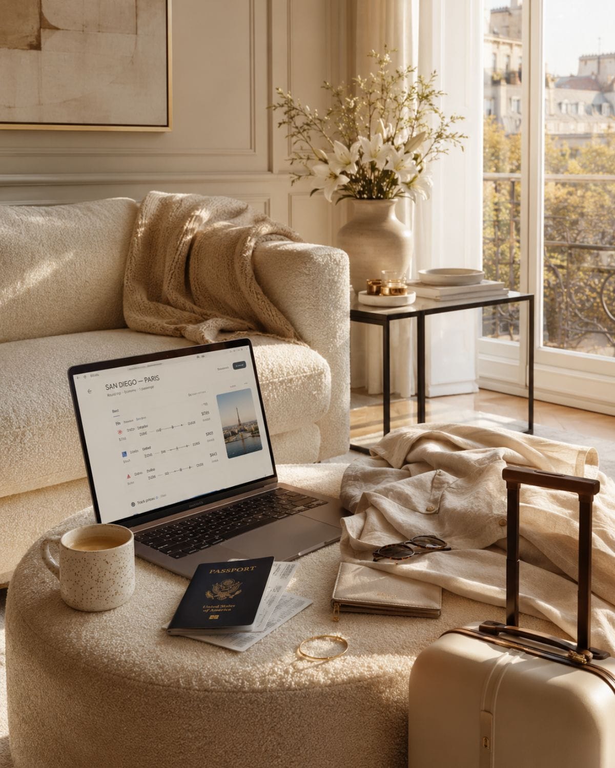 Luxury travel planning scene with carry-on luggage, passport, laptop, and coffee in a warm minimalist apartment