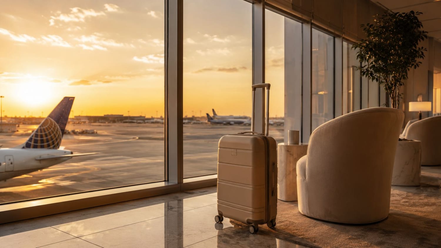 Minimalist carry-on suitcase beside airport window during golden hour travel scene