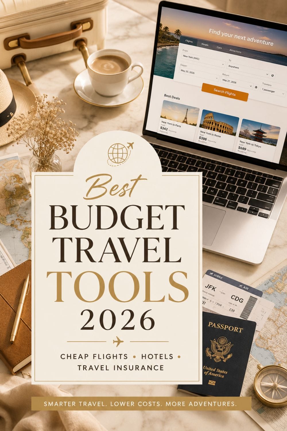 Pinterest pin showing luxury budget travel planning setup with laptop passport cheap flight deals and travel insurance guide
