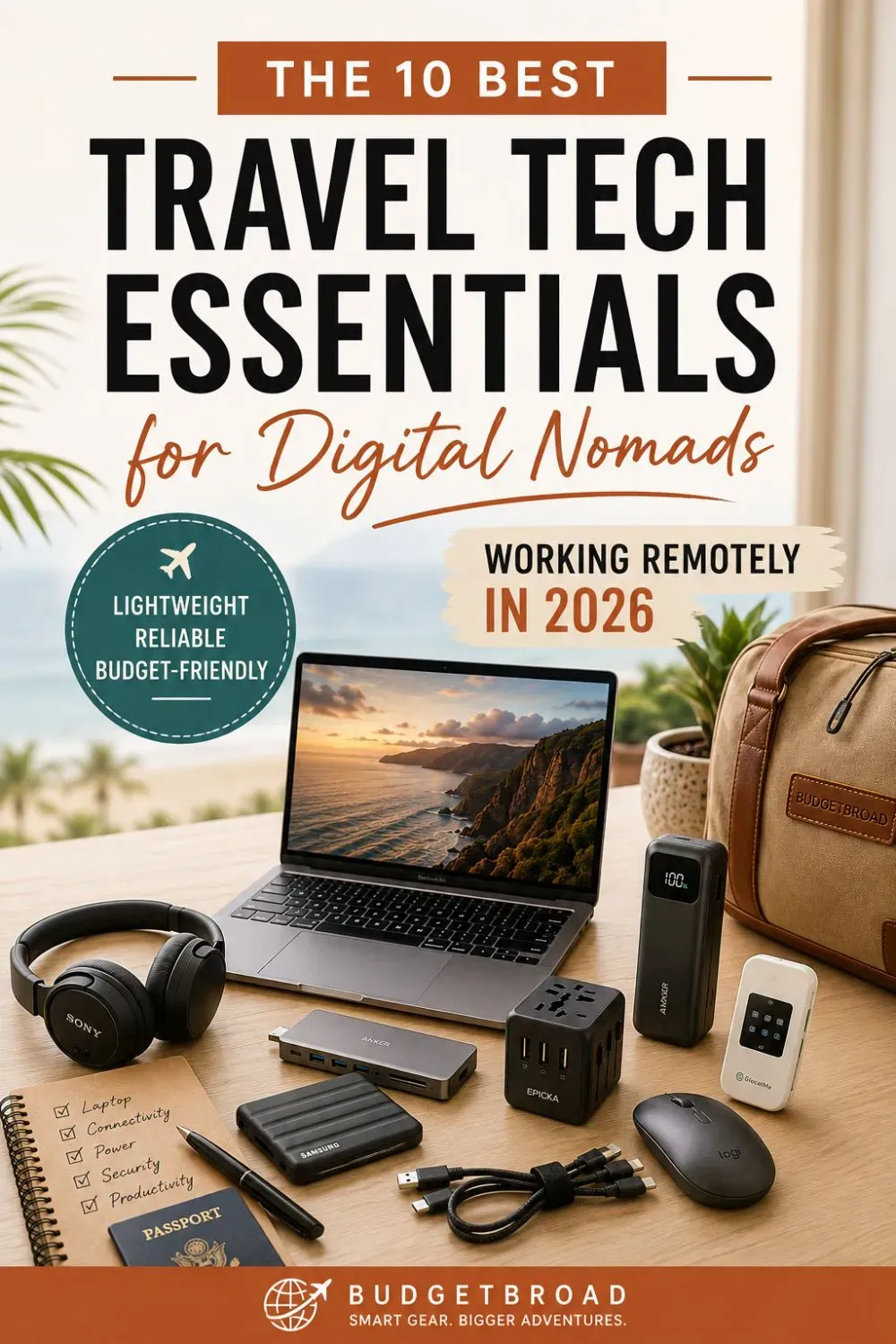10 best travel tech essentials for digital nomads working remotely in 2026, including a lightweight laptop, noise-cancelling headphones, power bank, USB-C hub, travel adapter, eSIM, hotspot, portable monitor, SSD, and travel mouse.