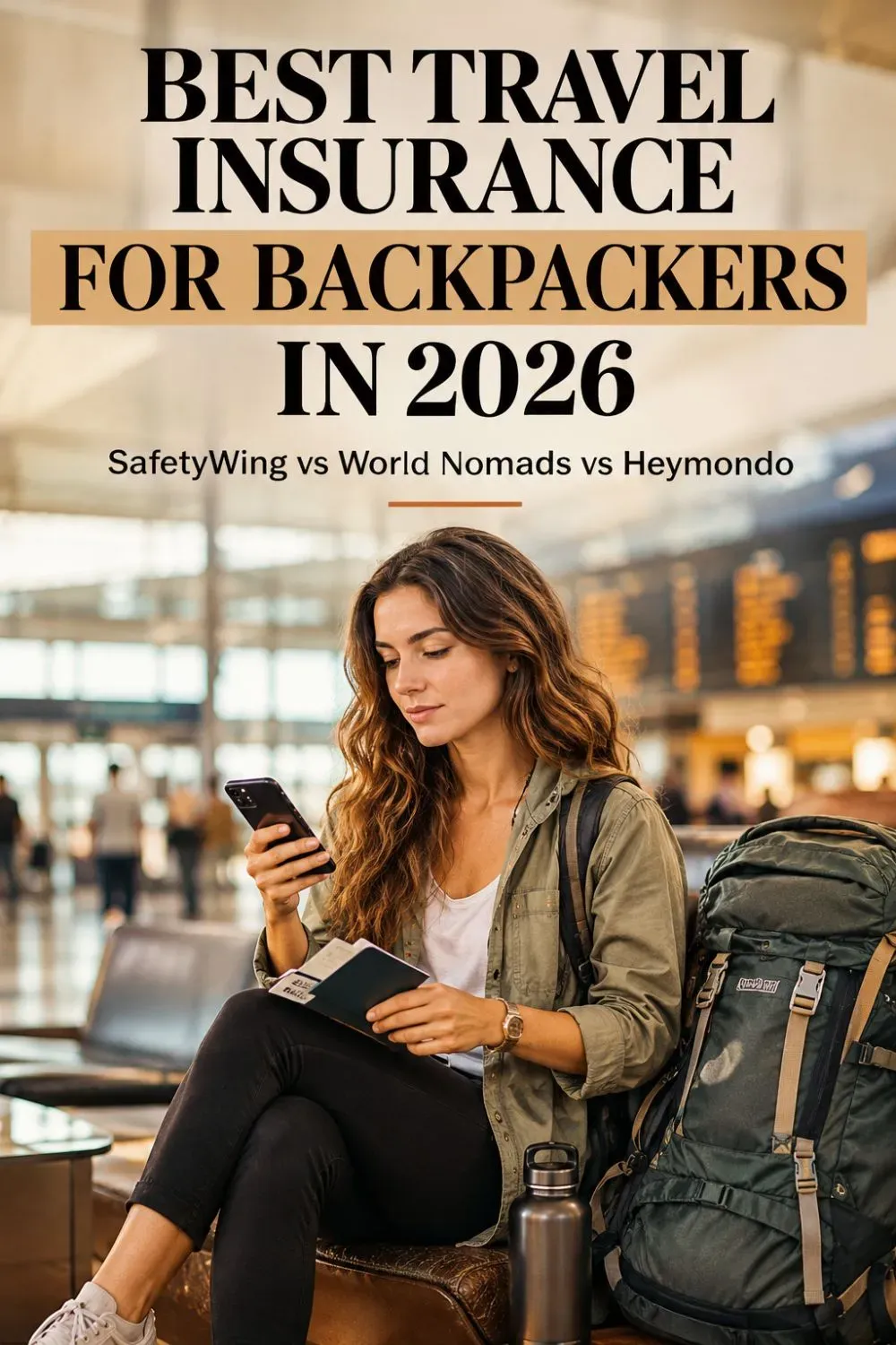 Female backpacker comparing cheap travel insurance options for a long international trip