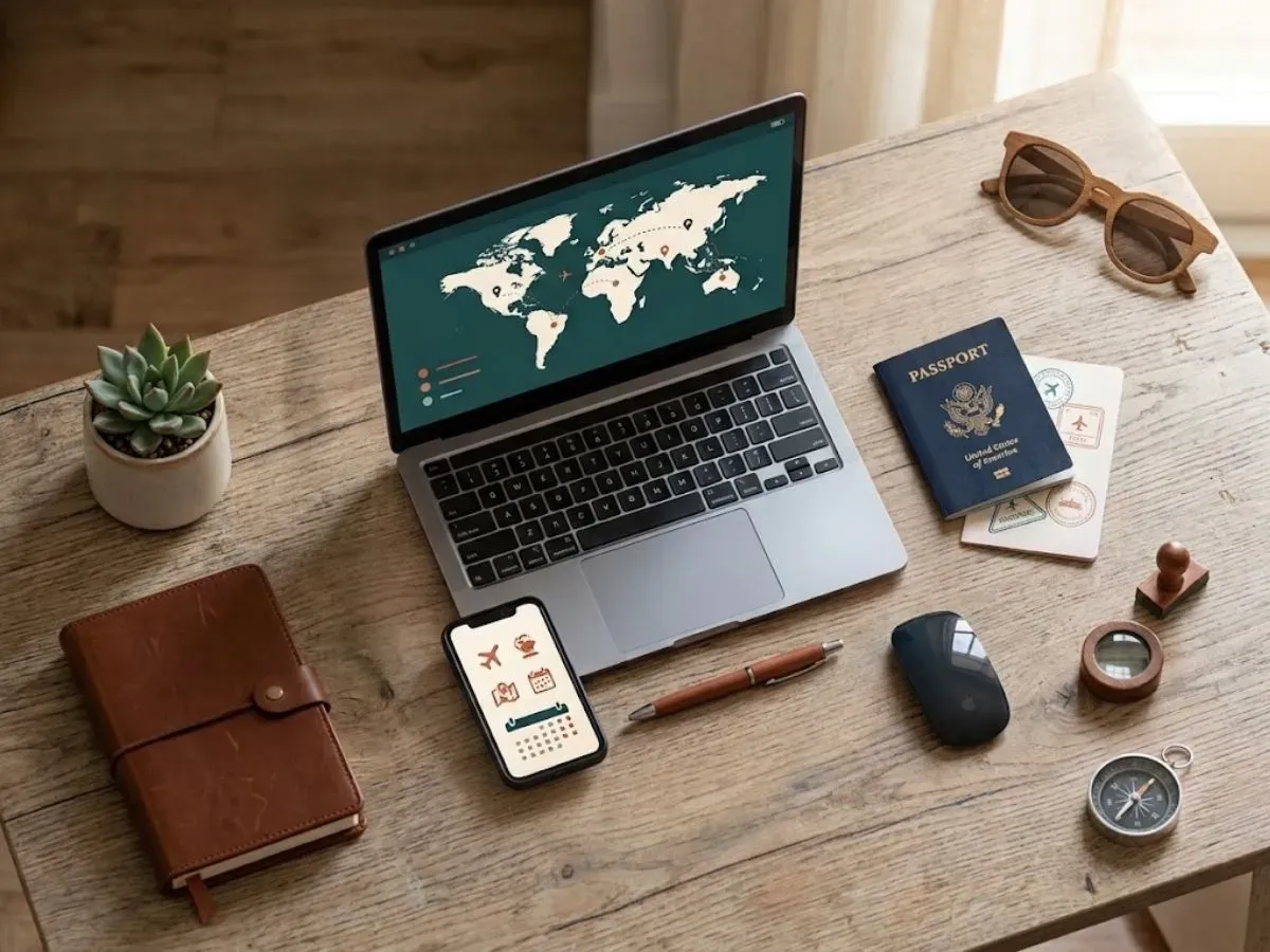 Flat-lay workspace featuring a laptop with a global map, smartphone, passport, and leather notebook on a wooden desk.