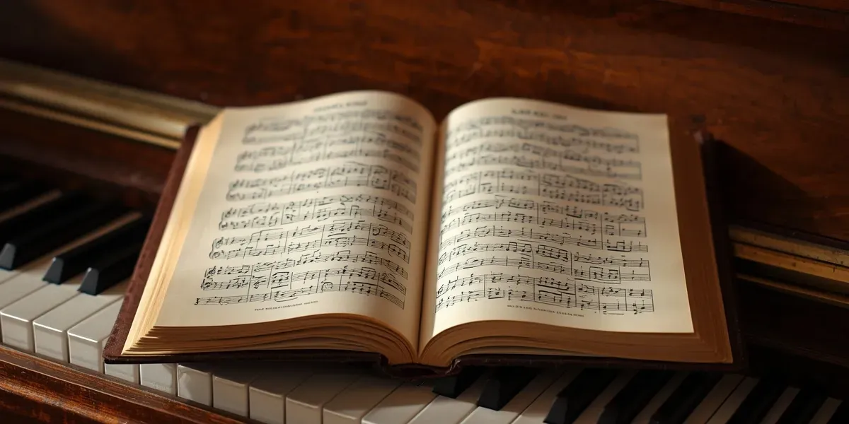 open book on piano, sheet music, warm light