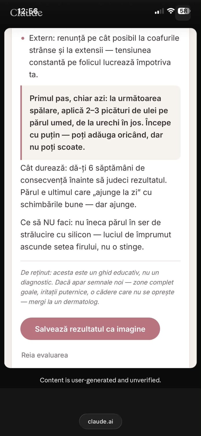 Ecran de rezultat din aplicația Diagnosticul părului