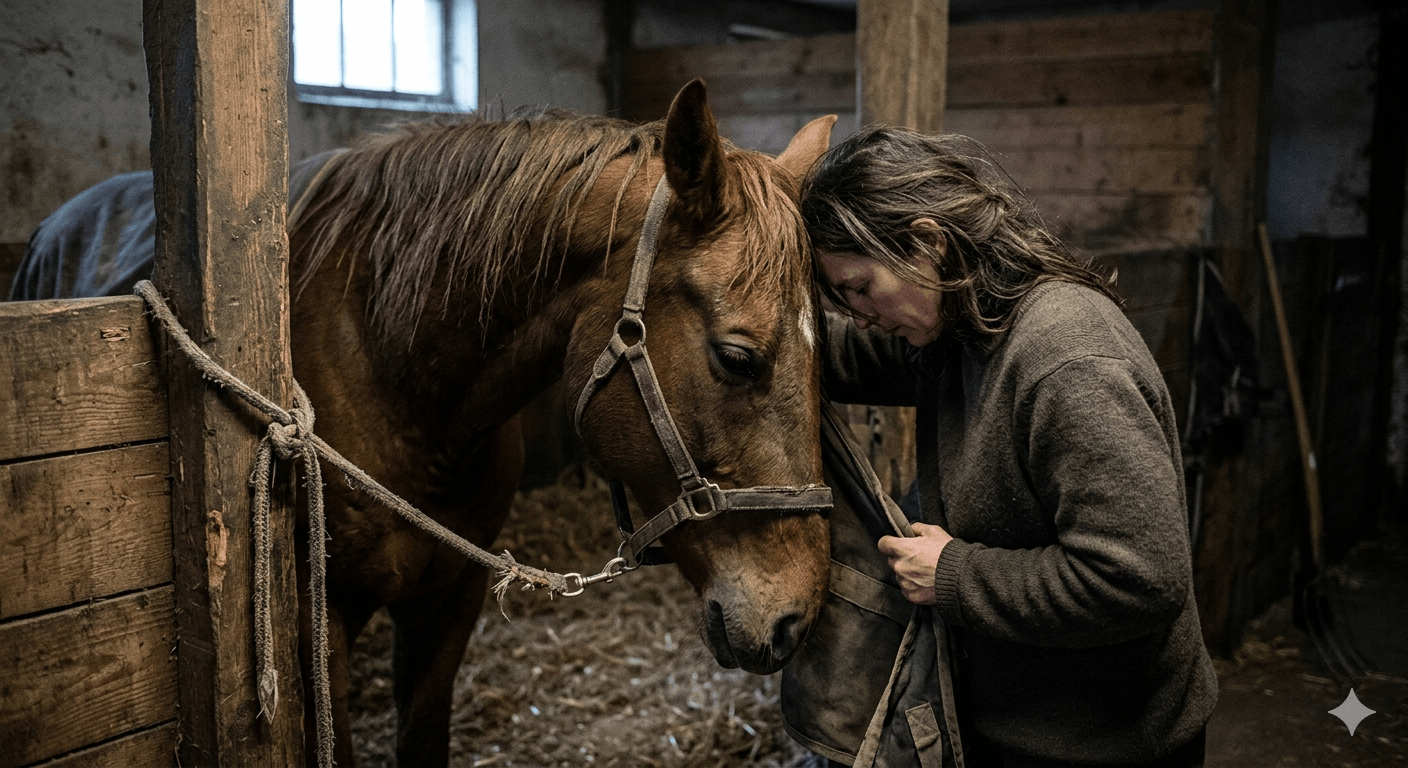In a dark stable, a rider leans her forehead against a horse's head, sharing a moment of silent distress and loss of connection.