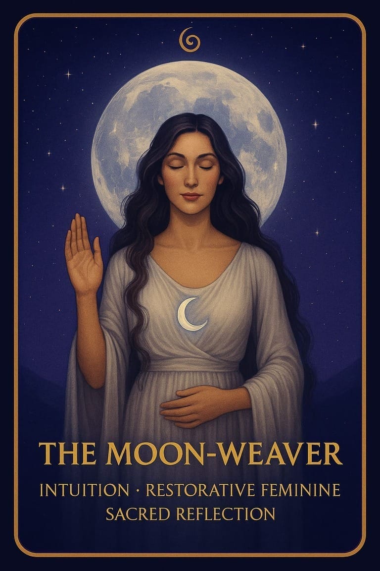 The Moon Weaver archetype symbolizing intuition, feminine restoration, and sacred reflection.