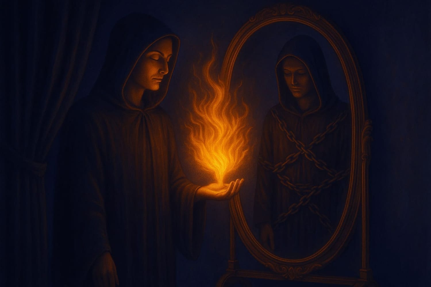 Symbolic artwork of a figure holding a flame before a mirror, representing the burning of illusion and rediscovery of truth.