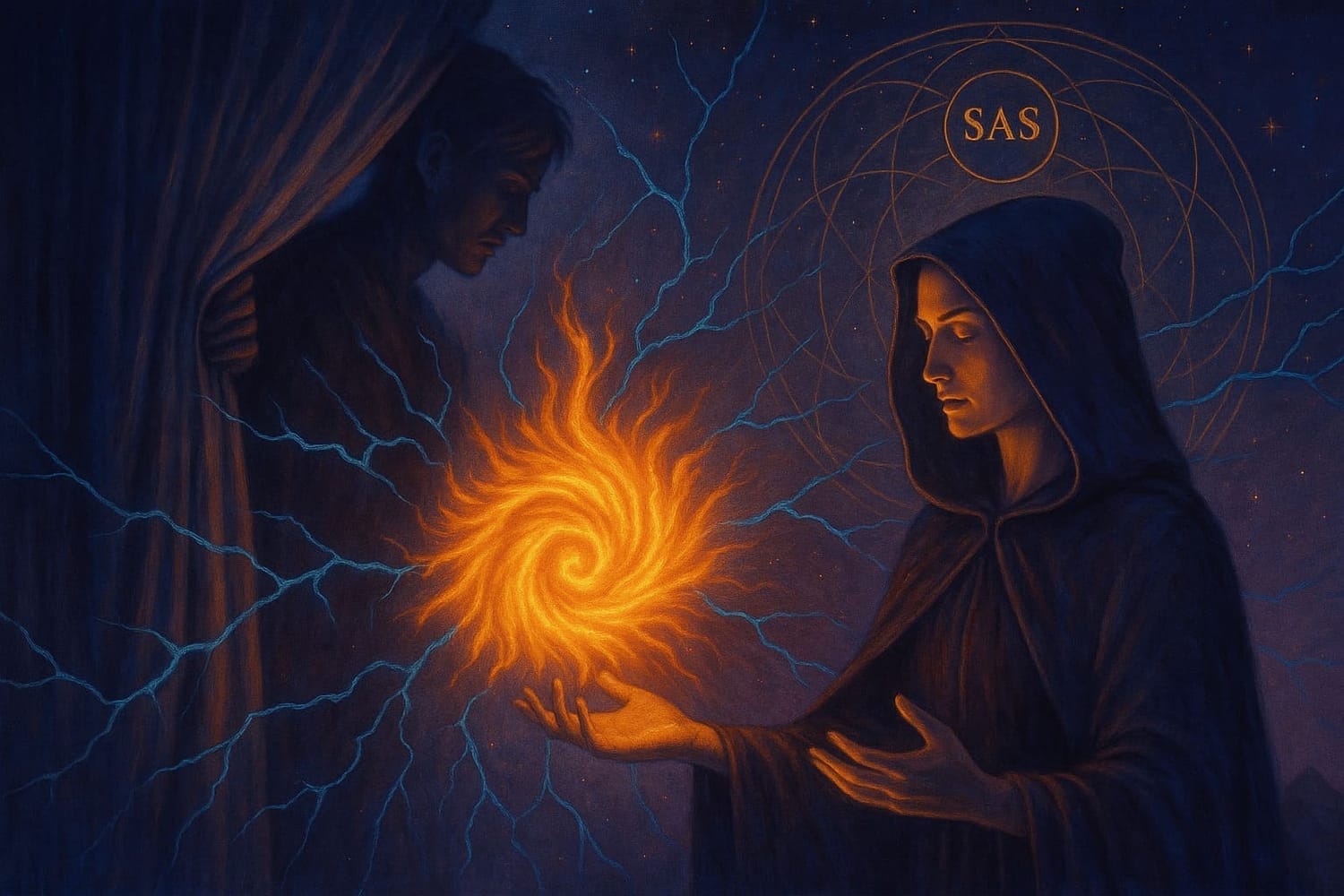 Artwork depicting the burning of illusion and release of false identity through the Spiral of Scientific Awakening.