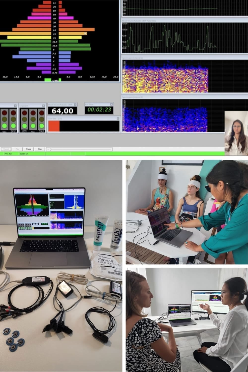 Photo collage of clients practicing neurofeedback, meditation, and group EEG sessions