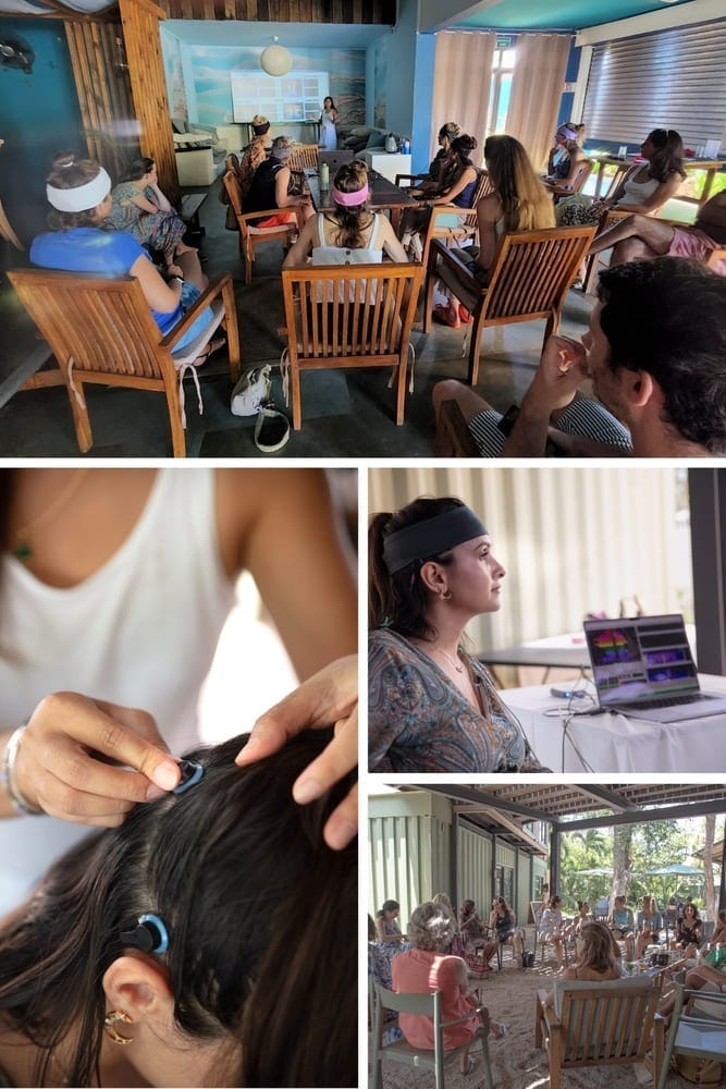 Photo collage of clients practicing neurofeedback, meditation, and group EEG sessions