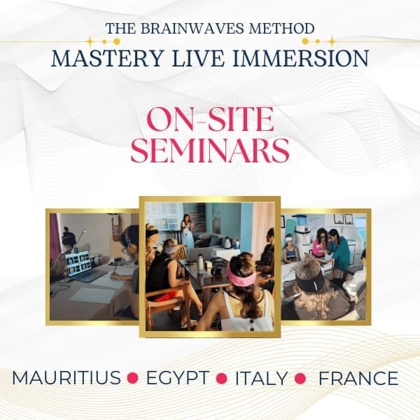 Three program images showing The Brainwaves Method 7 Steps, Online Courses, and Live Immersion Seminars in Egypt, Netherlands, France