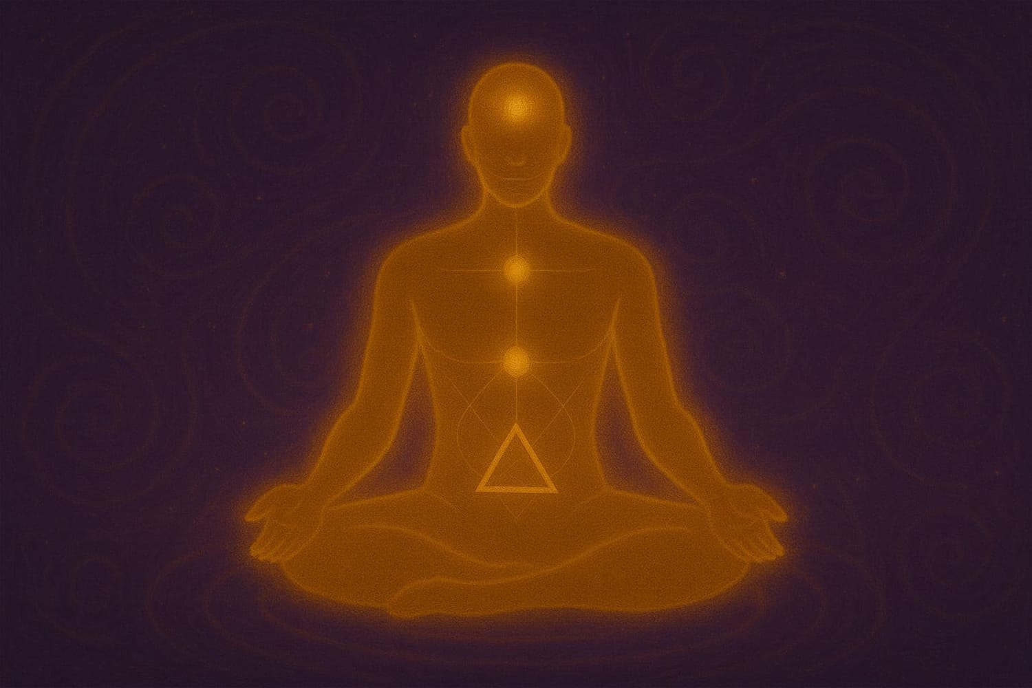 Golden silhouette meditating with light centers aligned in brain, heart, and womb, representing nervous system integration.