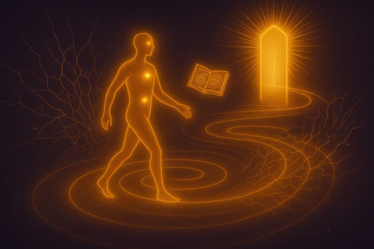 Person walking along a golden spiral path, representing progress through the gates of awakening.