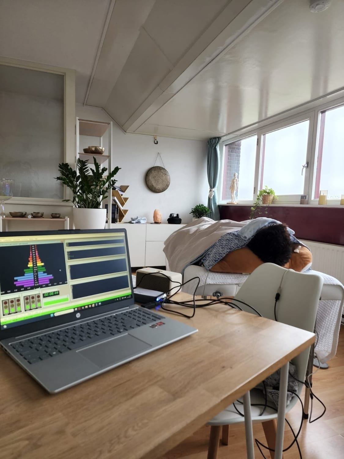 Portrait of Lila Devane holding laptop displaying EEG graphs, representing scientific consciousness research