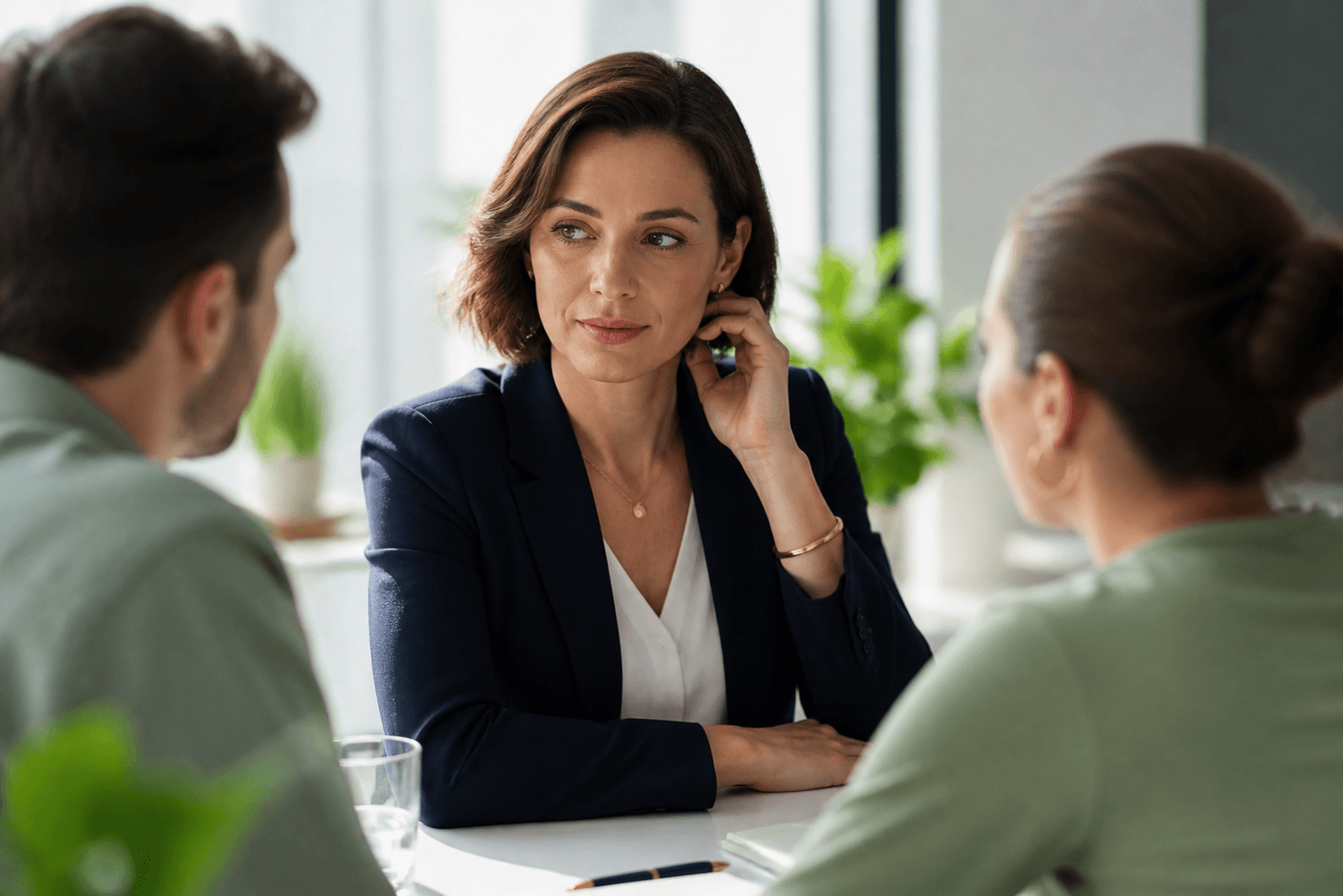 A professional hesitating before joining a close workplace conversation
