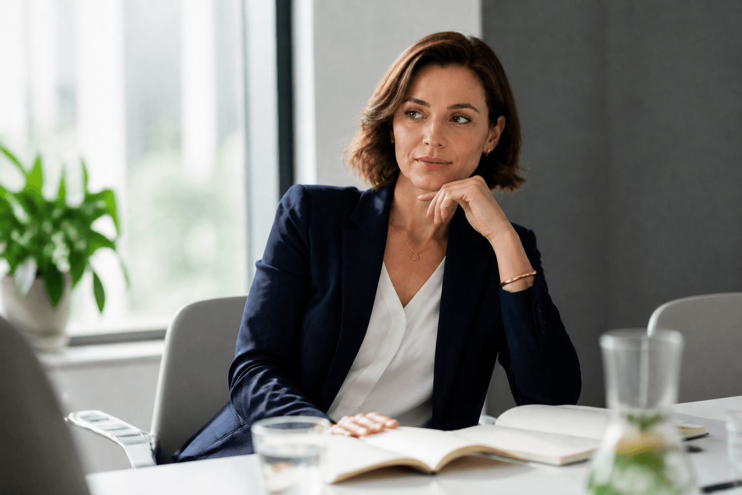 A prepared professional becoming self-conscious during a close meeting