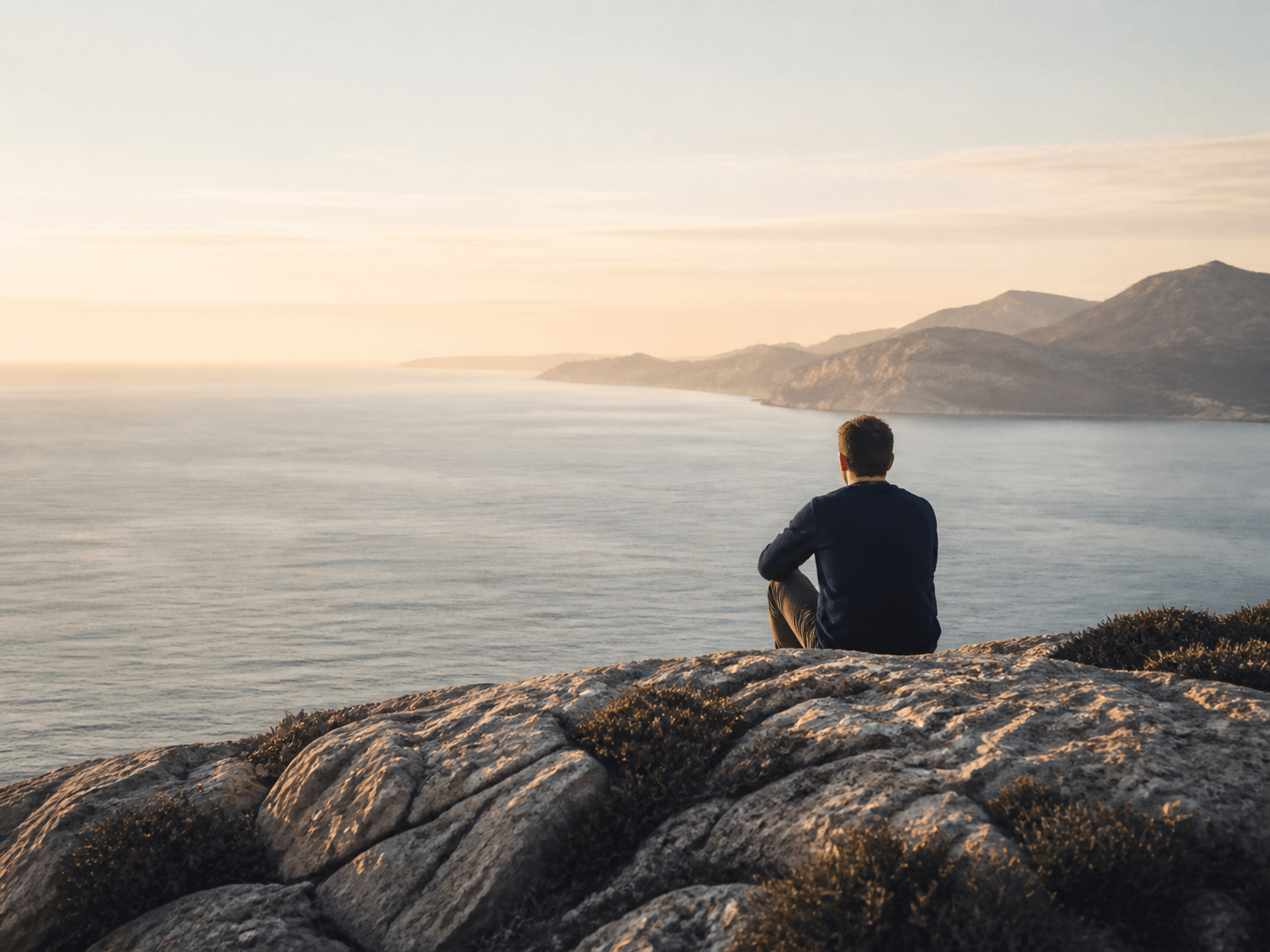 Man reflecting by the sea