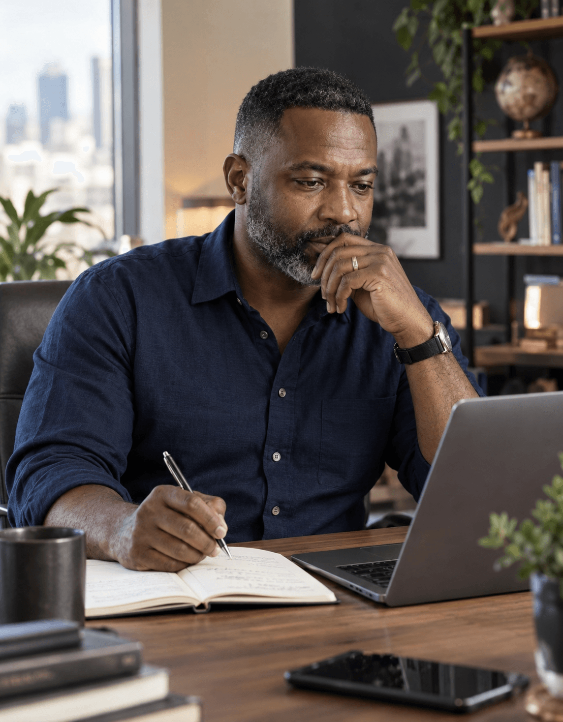 Founder reviewing notes at his desk before a laptop