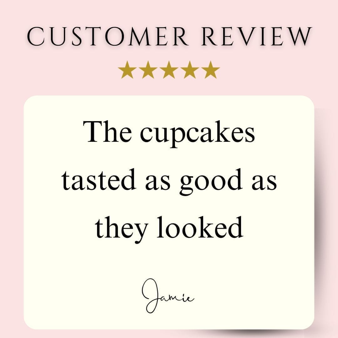 Customer review: "The cupcakes tasted as good as they looked" – Jamie. 5-star rating.