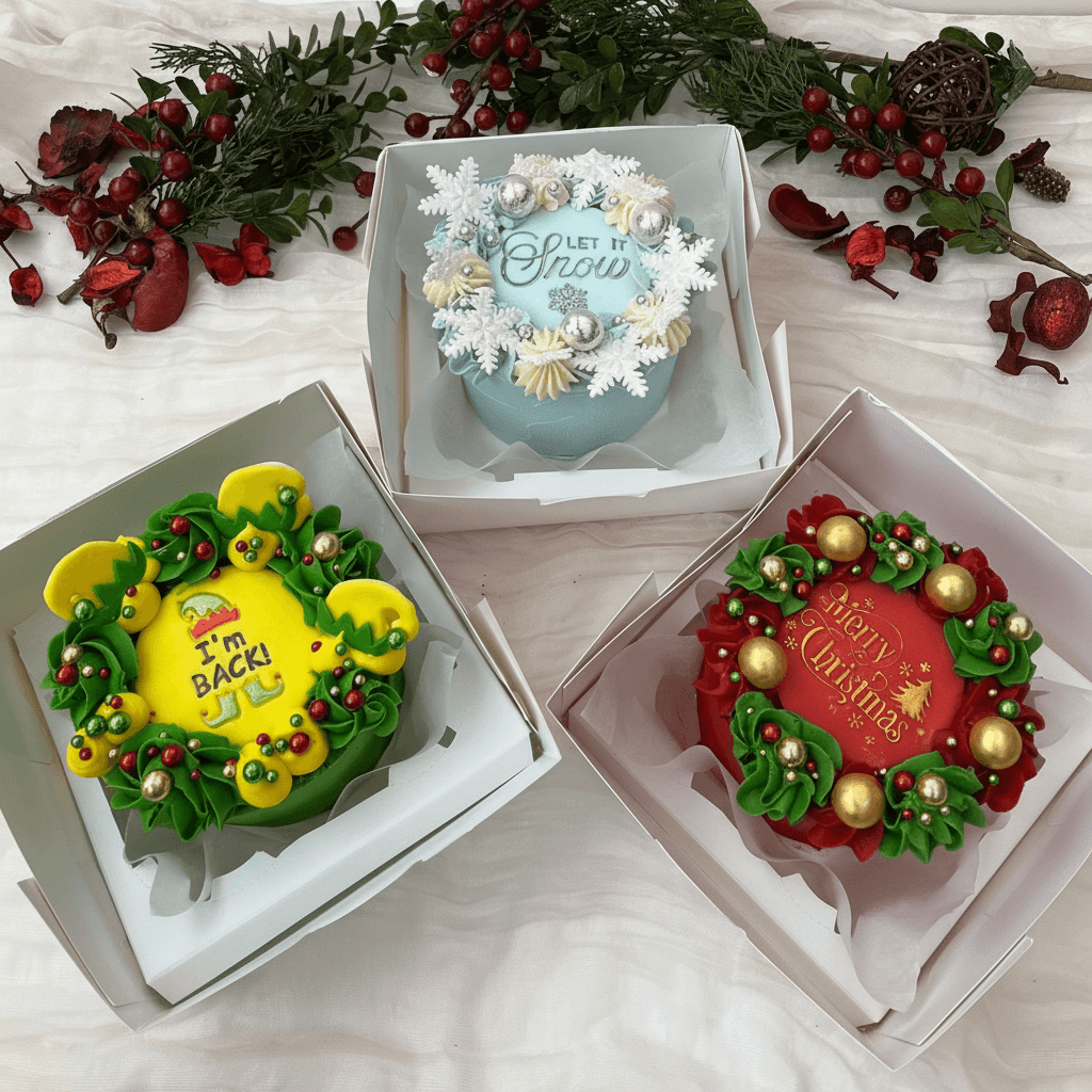 Christmas Bento Trio Cake Decorating Class checkout — book your festive mini cake decorating session with Sharon Burchall Cake Studio at The Hub, Clay Cross, and learn to decorate Elf, Let It Snow, and Merry Christmas cakes using simple, stress-free techniques.