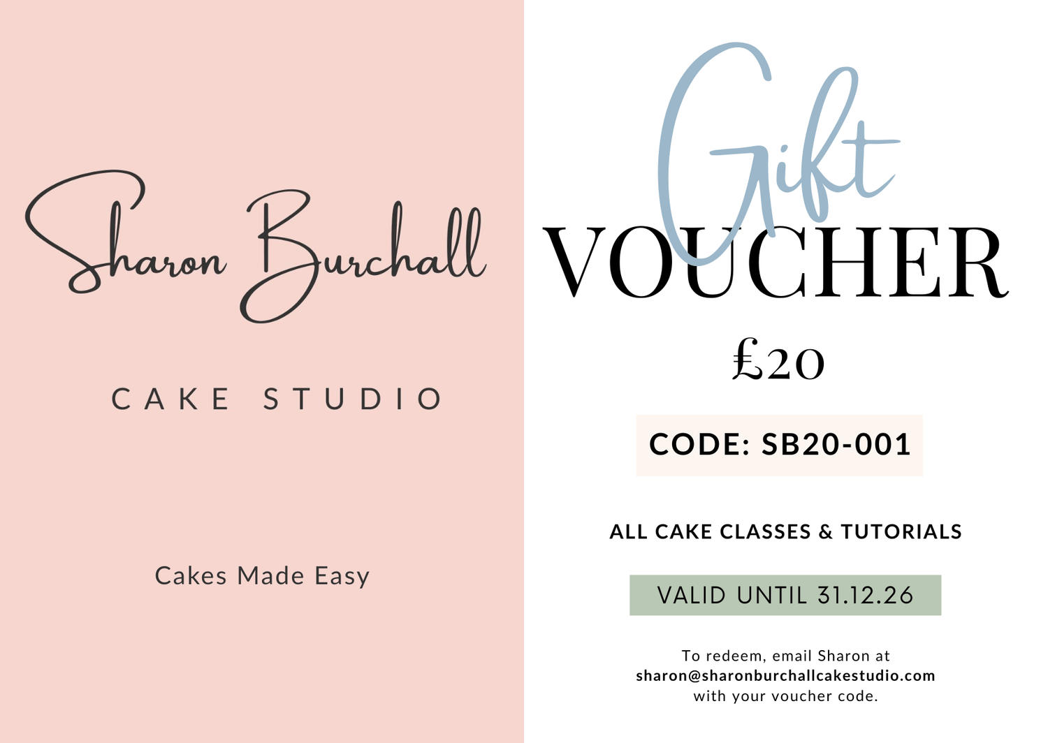 Printable cake decorating gift voucher from Sharon Burchall Cake Studio – redeemable for classes and tutorials.