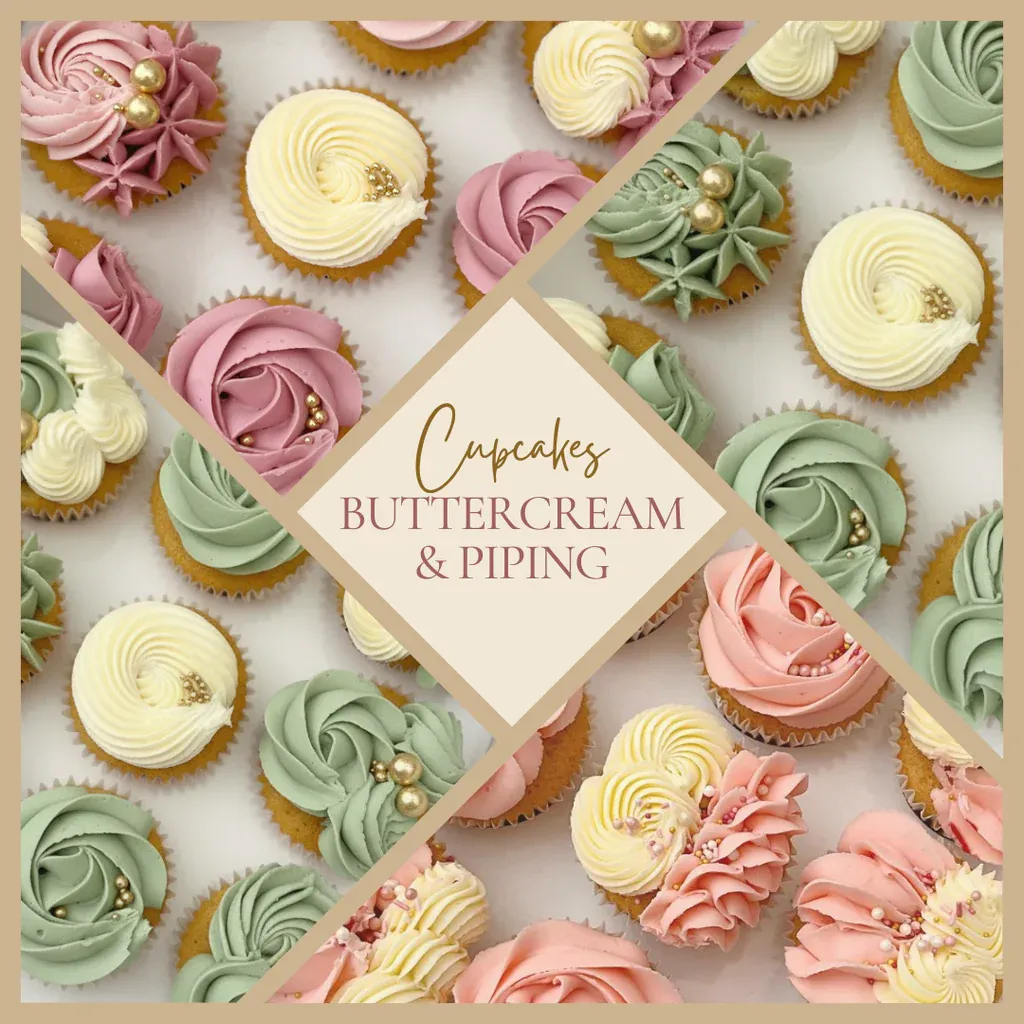 Cupcake and Buttercream Masterclass setup with cupcakes, buttercream, and piping tools at Sharon Burchall Cake Studio.