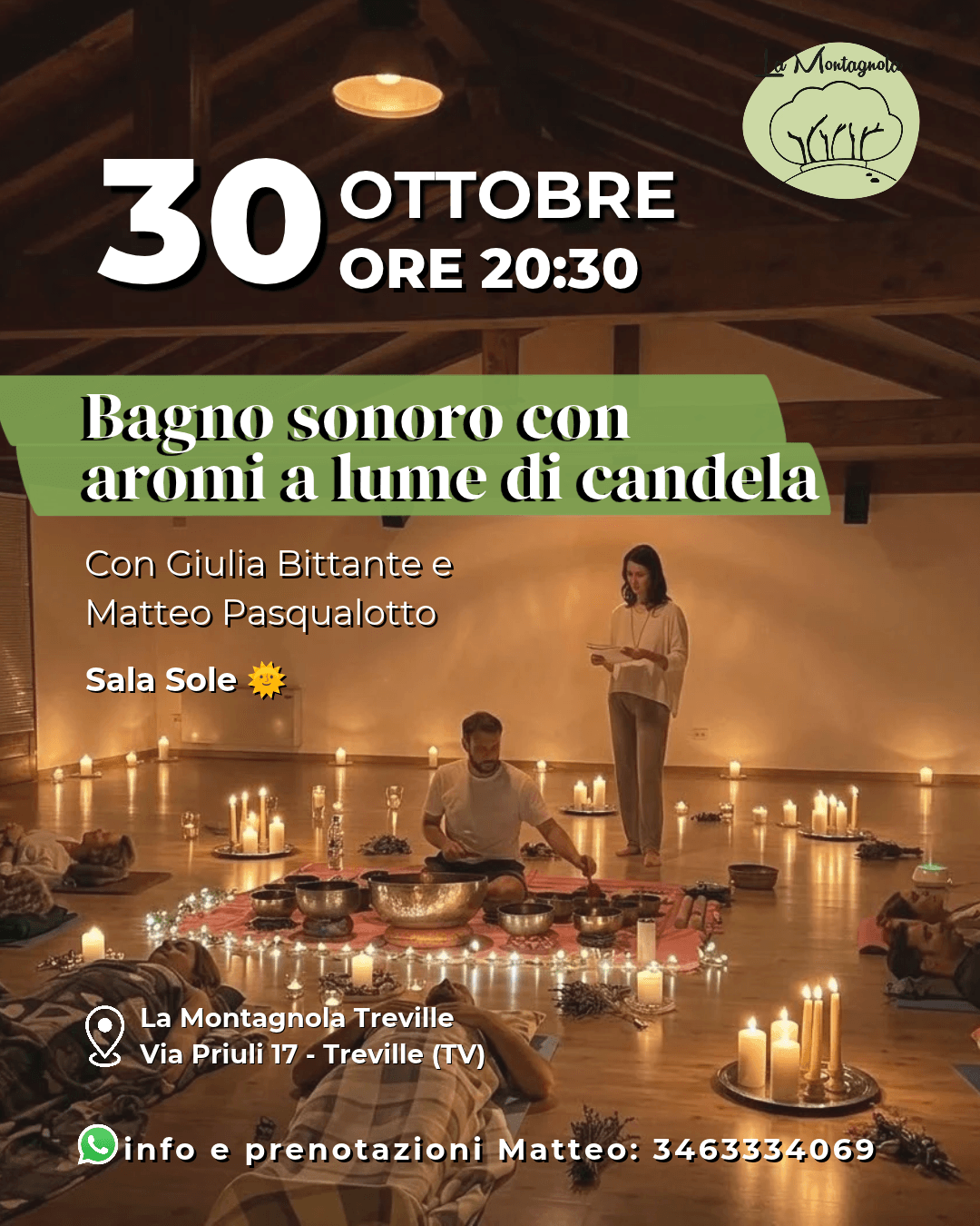 Locandina del bagno sonoro con aromi a lume di candela, 30 ottobre alla Montagnola di Treville