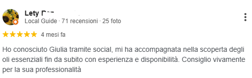 Recensione Google: esperienza e disponibilità di Giulia nella scoperta degli oli essenziali