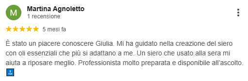 Recensione Google di Martina: supporto nella creazione di un siero con oli essenziali