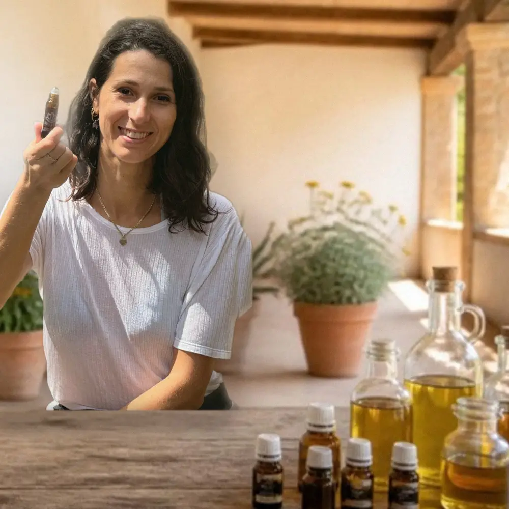 Giulia sorride con un roll-on in mano, sul tavolo boccette di oli e oli vegetali