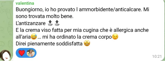 Messaggio di Valentina: ammorbidente, antizanzare e crema viso per la cugina allergica, pienamente soddisfatta