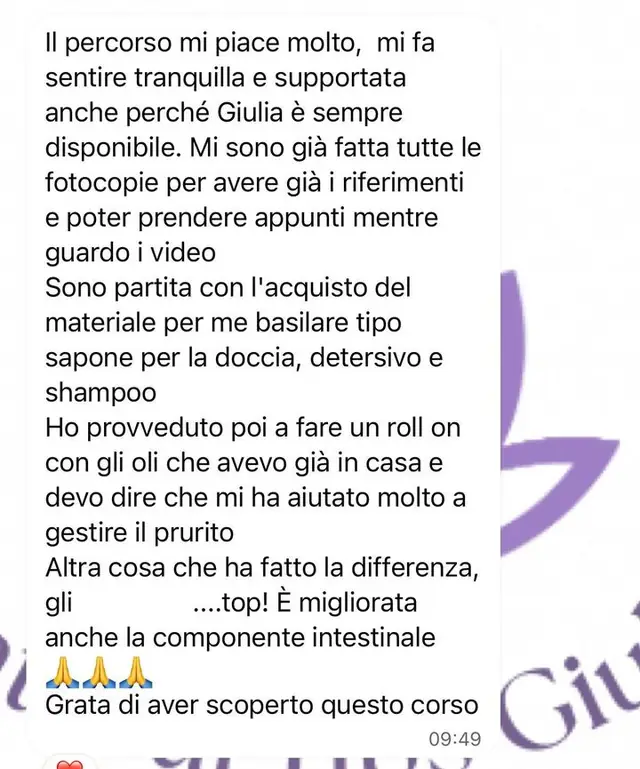 Messaggio: il percorso mi piace molto, mi fa sentire tranquilla e supportata; ho fatto un roll-on con gli oli e mi ha aiutato a gestire il prurito