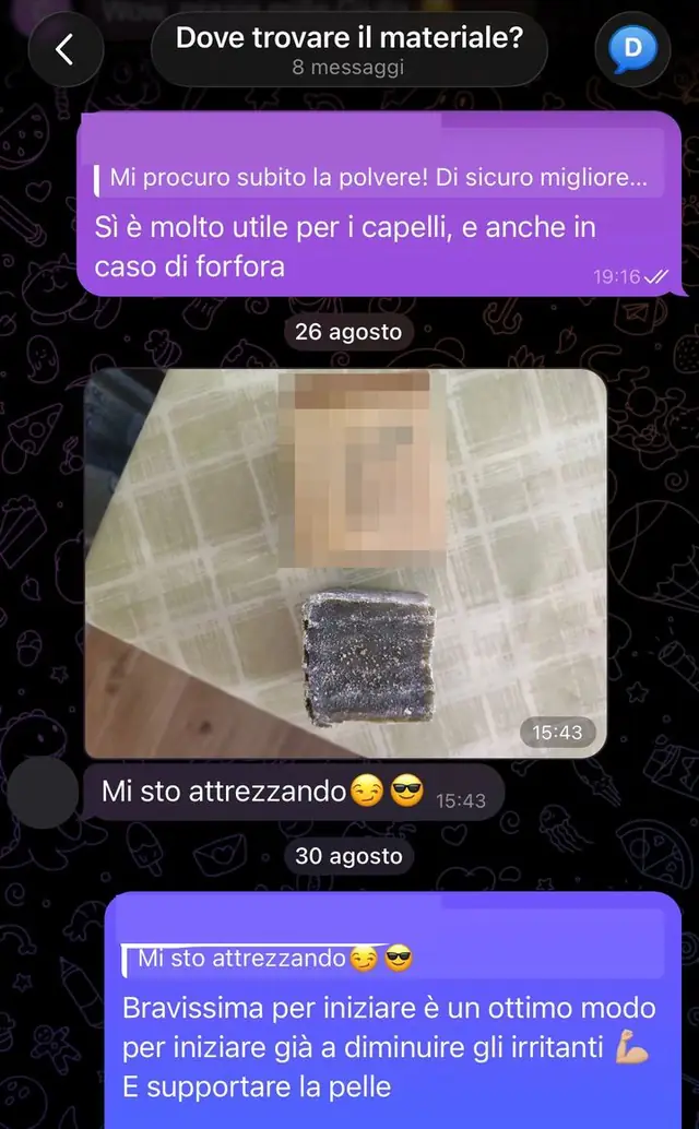 Chat Telegram del corso: una partecipante mostra i saponi naturali acquistati per iniziare