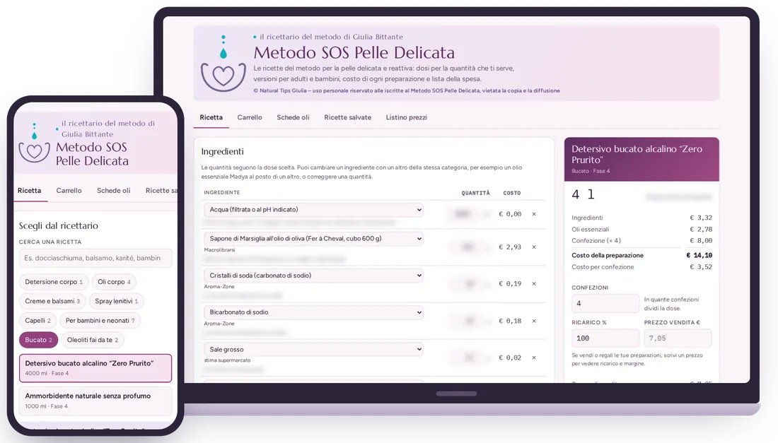 Anteprima dell'app ricettario Metodo SOS Pelle Delicata su computer e telefono