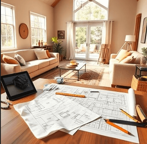 Photo-realistic digital art with a storytelling composition. Warm tones to convey comfort and satisfaction, with clean and precise detailing to represent clarity and planning.