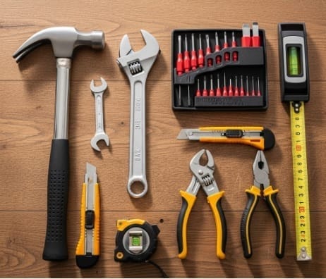 Close-up overhead shot of a collection of common hand tools for home DIY projects, neatly arranged on a light brown wooden surface