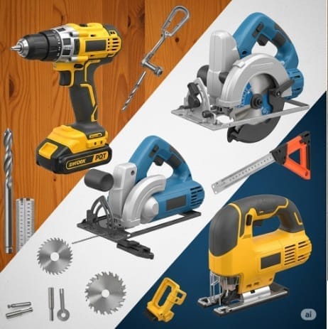An assortment of power tools for DIY, including a drill, circular saw, and jigsaw, displayed with various drill bits and saw blades on a split wood and blue background