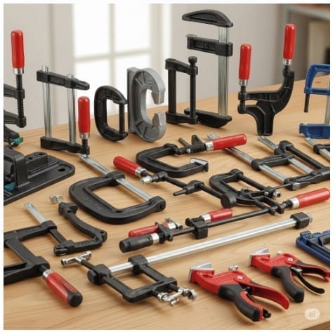 An organized display of various types of clamps, such as C-clamps, bar clamps, and spring clamps, on a wooden table in a workshop setting