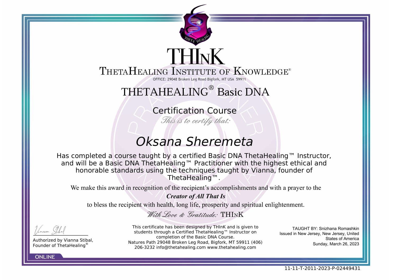 ThetaHealing Basic DNA certification awarded to Oksana Sheremeta for foundational healing practices