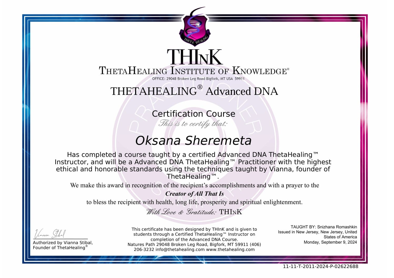 ThetaHealing Advanced DNA certification awarded to Oksana Sheremeta for advanced healing techniques
