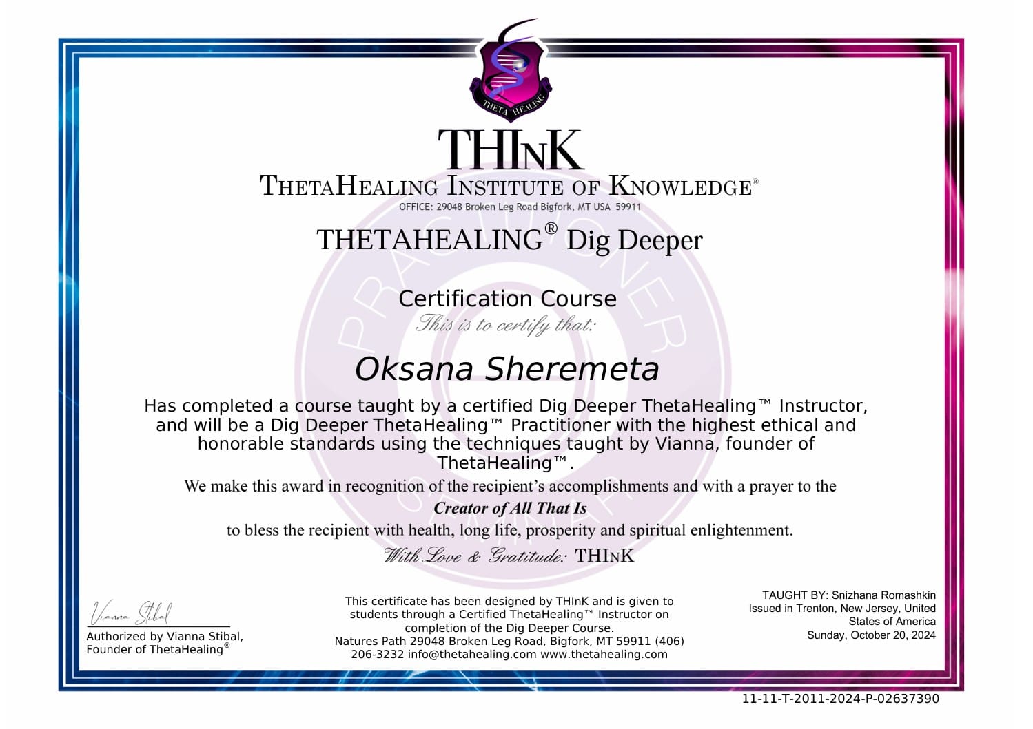ThetaHealing Dig Deeper certification awarded to Oksana Sheremeta for deep belief and emotional work