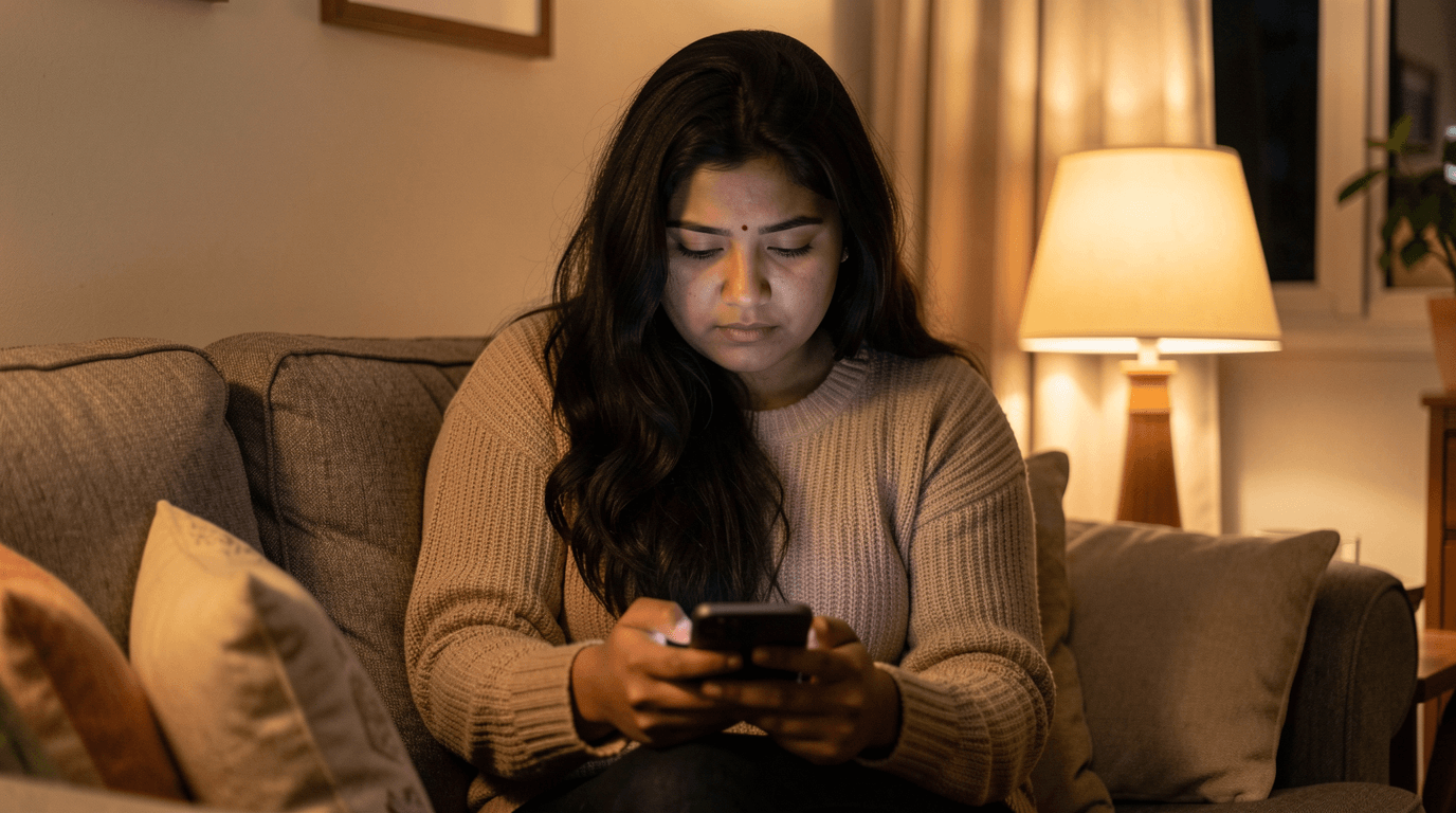 Woman searching for cycle health answers late at night